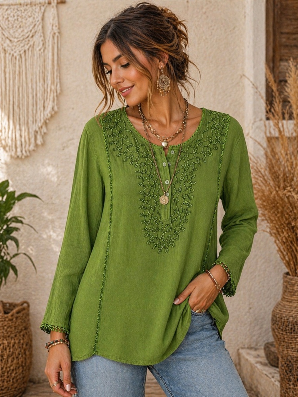 Rhea Olive Green Embroidered Tunic Top NWT One Size Boho Viscose Long Sleeve